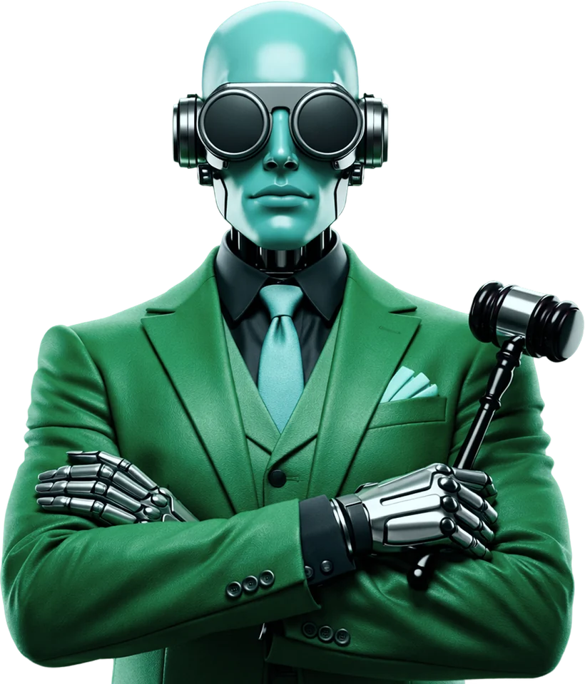 Ilustração NovaGen: advogado robô de terno verde segurando um martelo de juiz.